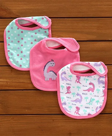 Babyhug Cotton Bibs Dinosaur Embroidery Set of 3 - Pink & White