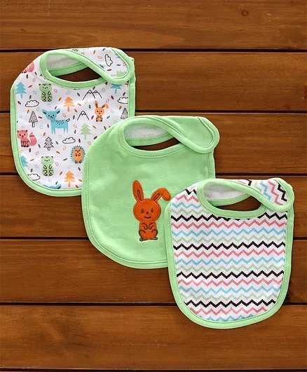 Babyhug Cotton Bibs Animal Embroidery Green & White - Pack of 3