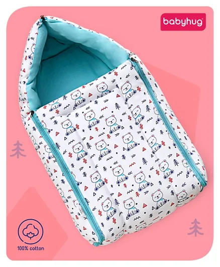 Babyhug 100% Cotton Zipper Sleeping Bag Teddy Print - White and Blue