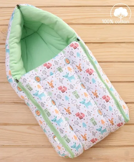 Babyhug 100% Cotton Sleeping Bag with Zipper Closure Animal Print - White Green