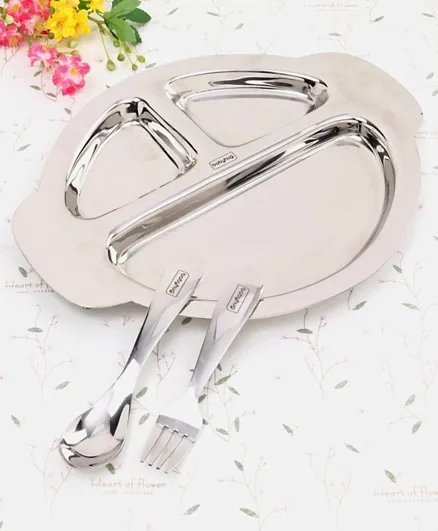 Babyhug Stainless Steel Section Plate Set With Spoon And Fork - Silver