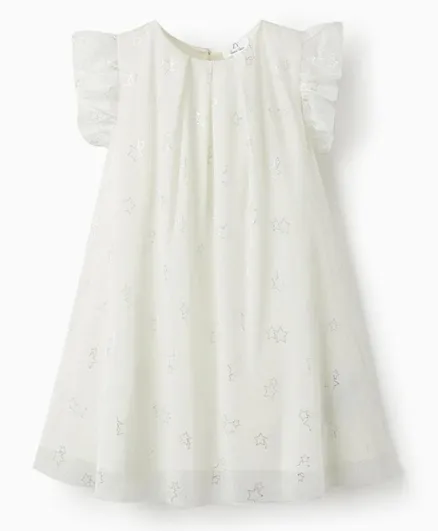 Zippy Embellished Star Short Sleeves Tulle and Cotton Dress - White