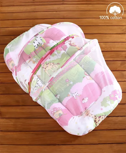 Babyhug 100% Cotton Bedding Set with Mosquito Net Jungle Print - Pink