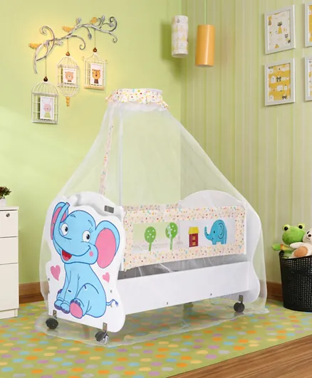 بيبي هاغ - سرير خشبي متأرجح مع عجلات بتصميم فيل صغير - الأزرق والأبيض