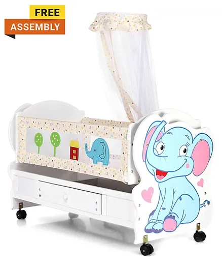 Babyhug Little Elephant Wooden Cradle with Wheels - Blue White