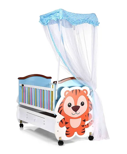 Babyhug Tiger Cub Wooden Cradle with Wheels - Blue White