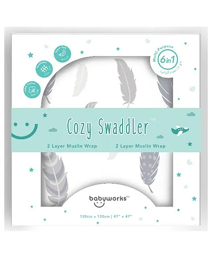 Babyworks 6 in 1 Cozy Swaddler 2 Layer Muslin Wrap - Grey Feather
