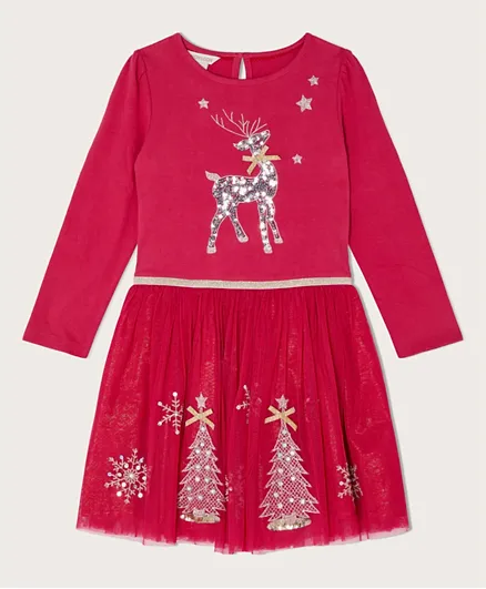 Monsoon Children Christmas Reindeer Long Sleeve Disco Dress - Red
