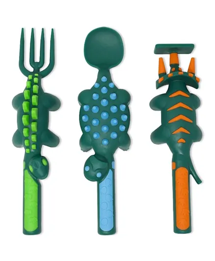 Eazy Kids Dinosaur Spoon, Fork & Pusher Dark Green - 3 Pieces
