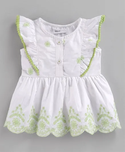 Babyoye Flutter Sleeves Cotton Top Floral Embroidery - White Green
