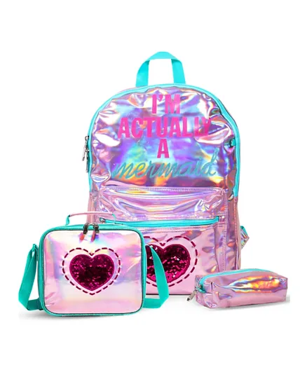 Eazy Kids Mermaid Love School Bag Set with Lunch Bag & Pencil Case, Waterproof, Pink - 16'
