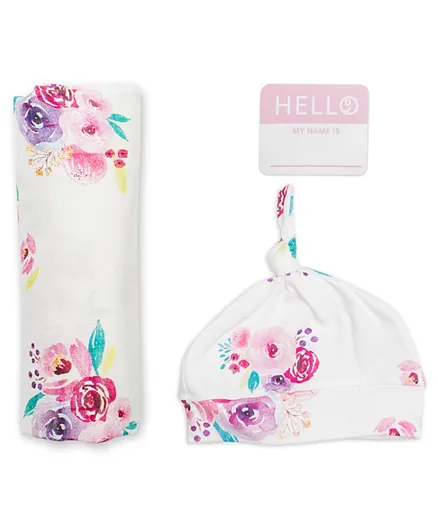 Lulujo Baby Hello World Set Bamboo Hat + Swaddle Blanket Posies - Pink