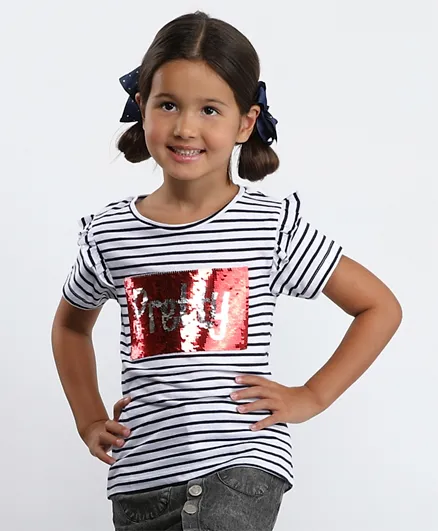 Babyhug Short Sleeves Sequined & Striped Top - Navy White