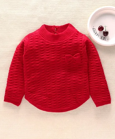 Babyhug Full Sleeves Sweater Bow Applique - Red