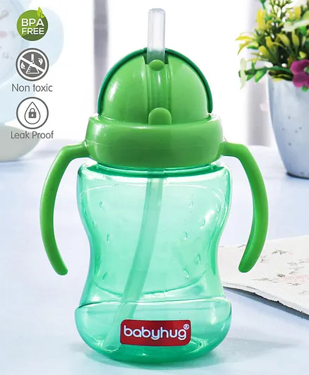 Babyhug Straw Sipper Bottle with Handles 180mL, BPA Free, Durable, Green - Suitable for 6 Months+