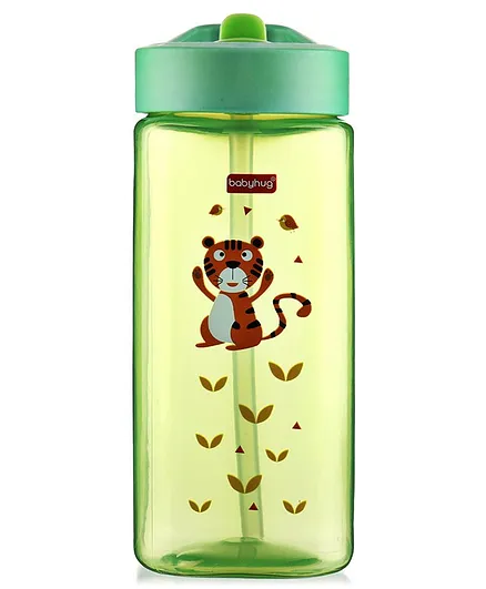 Babyhug Lion Print Toddler Sipper 420mL - BPA-Free Spill-Free Square Cup with Flip Lid, Dishwasher Safe, Green, 3-6 Years