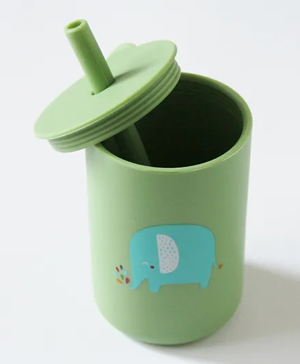 Amini Silicone Elephant Print Cup With Straw - Light Green