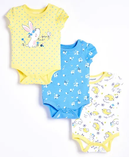Babyoye Cotton Short Sleeves Onesie Floral Print Pack of 3 - Yellow Blue