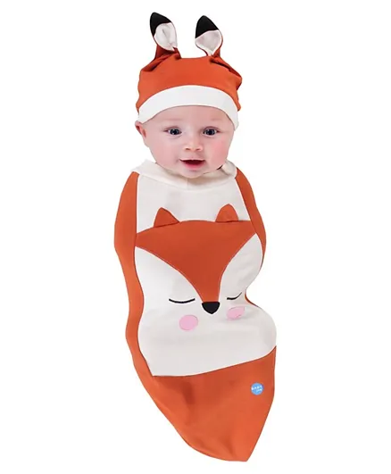 BABYjoe Baby Cocoon Swaddle  Fox Baby with Headpiece and Announcement Card - Orange