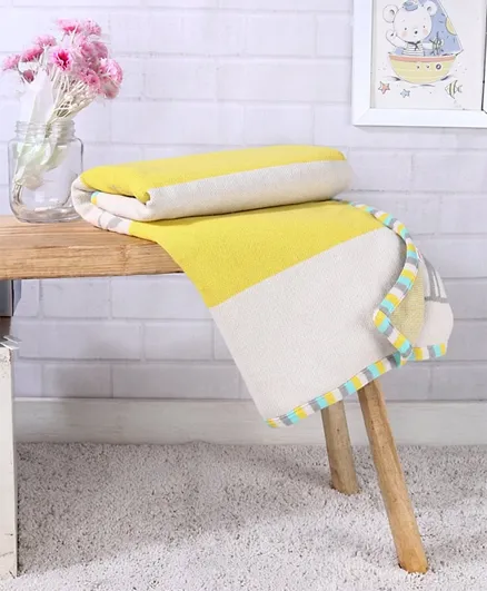 Babyhug Premium Knitted Cotton All Season Blanket Koala Bear Print - Yellow and White