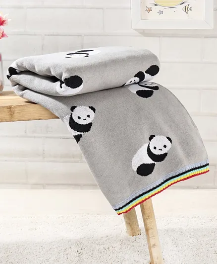 Babyhug Premium Knitted Cotton All Season Blanket Panda Print - Grey