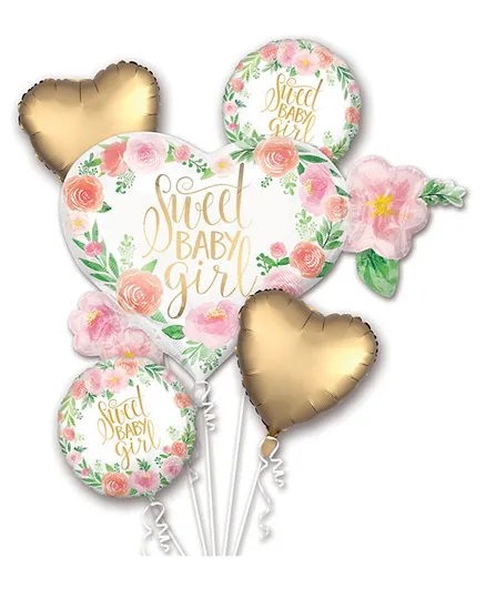 Party Centre  Floral Baby Girl Balloon Bouquet Pack Of 5 - Multicolour