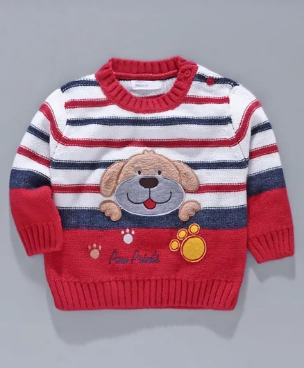 Babyoye Acrylic Full Sleeves Stripe Sweater Puppy Embroidery - Red White
