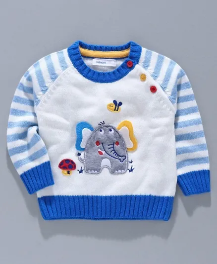 Babyoye Acrylic Full Sleeves Sweater Elephant Patch - White Blue
