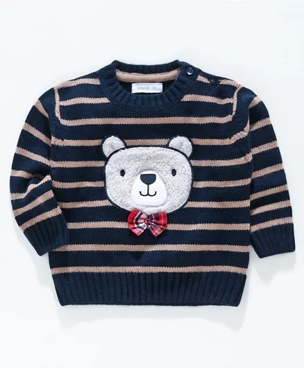 Babyoye Acrylic Full Sleeves Stripe Sweater Bear Embroidery - Navy Blue