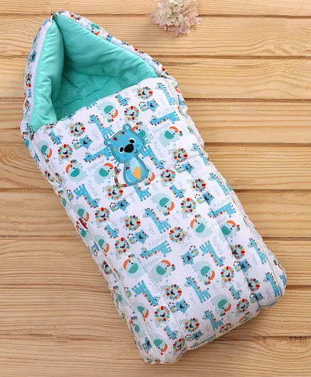 Babyhug Zipper Velvet Sleeping Bag Animal Design - White Green