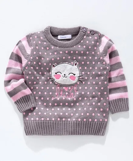 Babyoye Full Sleeves Sweater Kitty Patch - Grey Pink