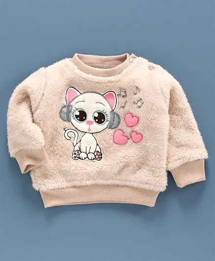 Babyoye Brushed Fleece Full Sleeves Sweatshirt Kitty Patch - Beige
