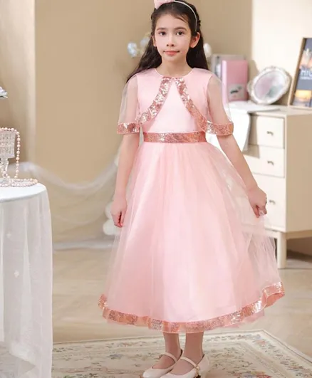 Le Crystal Sequins Embellished Net Sleeves Tulle Dress - Pink