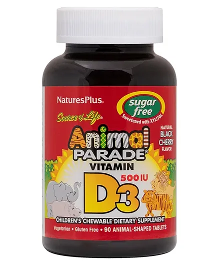 Natures Plus Animal Parade Sugar Free Vitamin D3 500 IU Children's Chewable Black Cherry Flavor - 90 Tablets