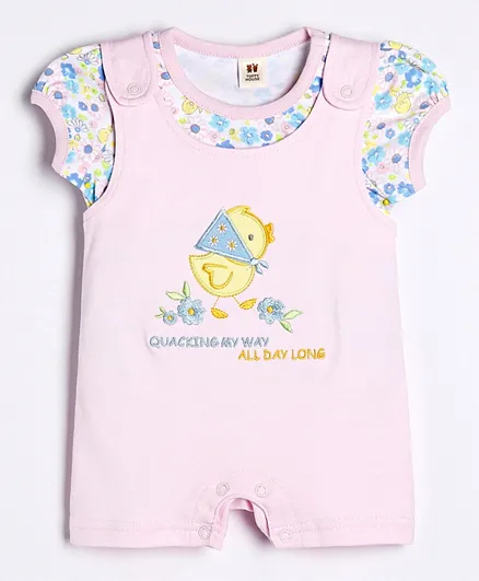 ToffyHouse Dungaree Style Romper with Cap Sleeves Tee Bird Embroidered - Pink