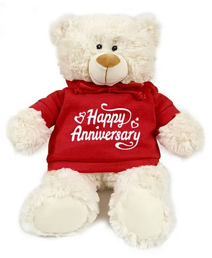 Caravaan Cream Teddy with Happy Anniversary Hoodie Red - 38 cm