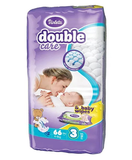 Violeta Diapers Dc Air Dry Midi Size 3 Jumbo Pack of 66 - Free Pack of 40 Almond Baby Wipes
