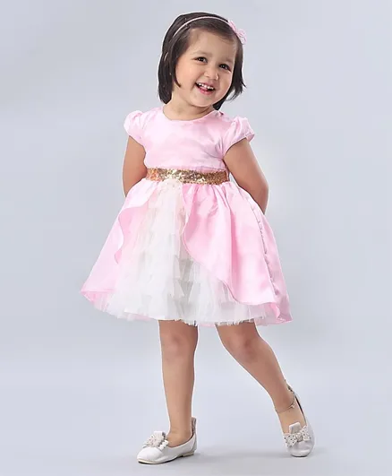 Babyhug Cap Sleeves Party Frock with Sequin Embroidered Waistline - Pink