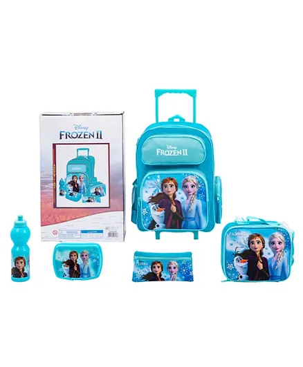 Disney Frozen II Trolley Backpack   Pencil Pouch   Lunch Bag   Lunch Box   Water Bottle Light Blue - Pack of 5
