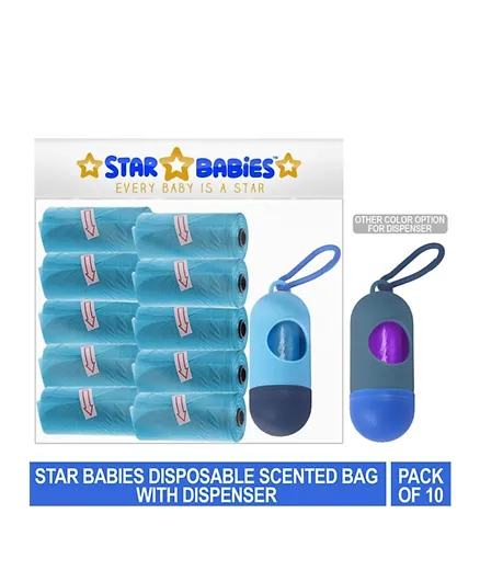 أكياس معطرة للاستعمال مرة واحدة من ستار بيبيز، 10 لفافات مع موزع - أزرق