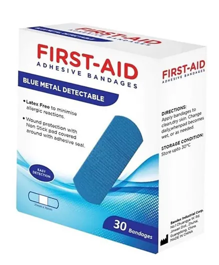 First Aid Bluemetal Detectable Bandages - 30 Pieces