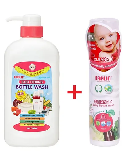 Farlin Combo Bundle Feeding Bottle Wash 700ml + Baby Bottle Wash 100ml - White