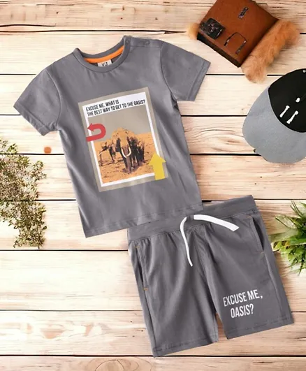 Victor and Jane Elephant Searching Oasis Graphic T-Shirt & Shorts Set - Grey