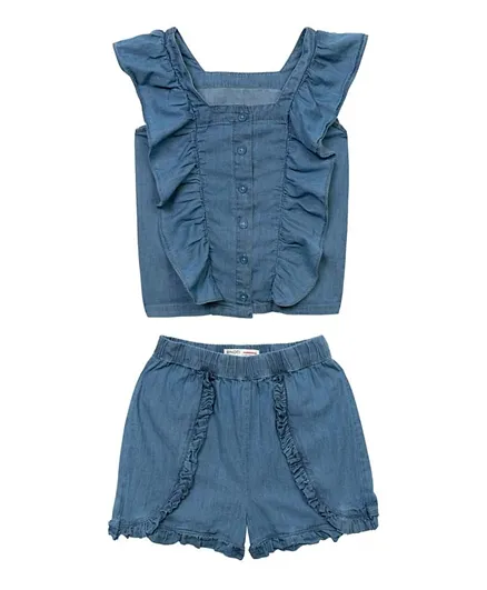 Minoti Cotton Solid Chambray Frilled Top & Shorts Set - Denim Blue
