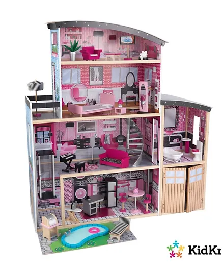 KidKraft Wooden Sparkle Mansion Dollhouse with Elevator, Pool & Accessories, for Kids 3 Years+, 128x36x135cm