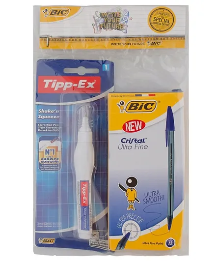BIC Cristal Ultra Fine Pen and Correction Pen Blue and White - 13 Pieces