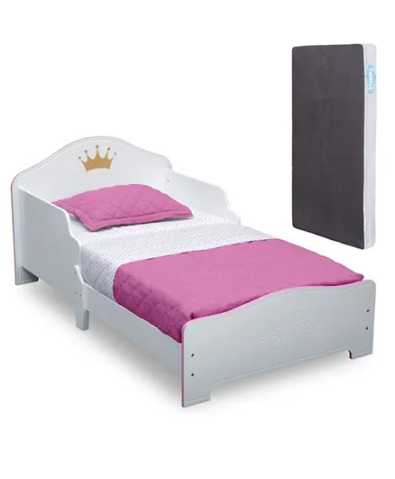 Delta Children Princess Crown Wooden Toddler Bed with Twinkle Toddler Mattress - White and Pink