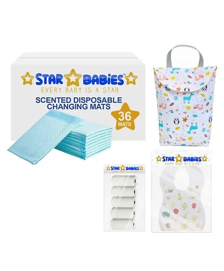 Star Babies combo pack Scented changing mat 36pcs, Disposable bibs 20pcs, scented bag pack of 5 - Multicolor