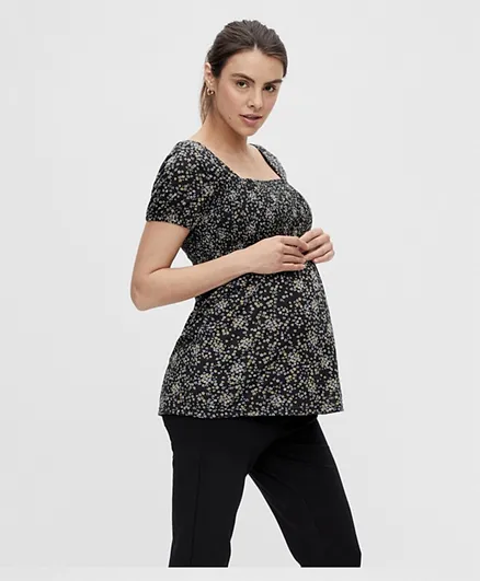Mamalicious Square Neck Floral Maternity Top - Black