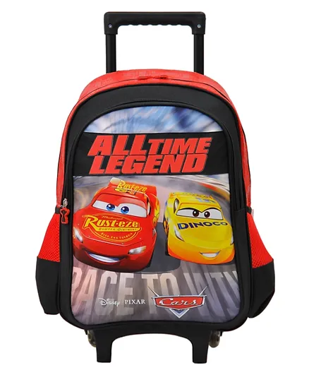 حقيبة مدرسية بعجلات من ديزني بطبعة صور سيارات أحمر وأسود - 18 بوصة